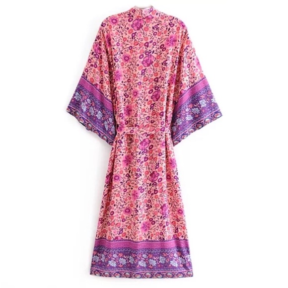 Cotton Floral Boho Kimono NEW Pink Purple - Picture 4 of 11